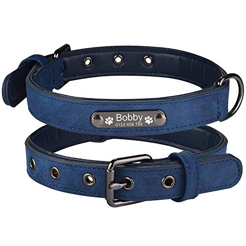 Tlwrnop Personalisiertes Hundehalsband aus Leder Gravierter Name ID Welpenhalsband Tags XS SM L-Blue_M_39-50cm__ von Tlwrnop