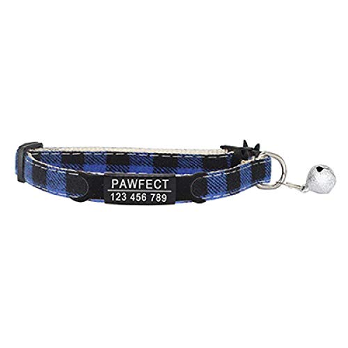 Tlwrnop Plaid Cat Collar Personalisierte ID Gravur Safety Breakaway Small Dog Cute Einstellbar für Welpen Kätzchen Halskette-Z-Blue_Black_19-32cm von Tlwrnop