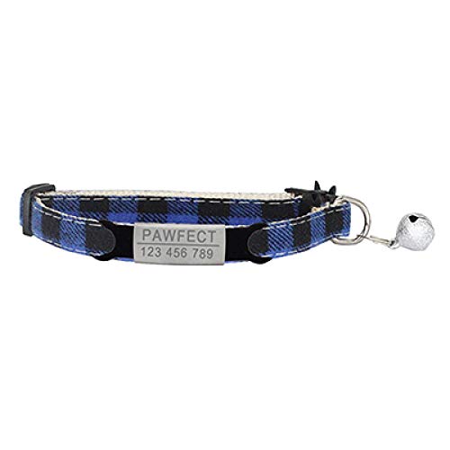 Tlwrnop Plaid Cat Collar Personalisierte ID Gravur Safety Breakaway Small Dog Cute Einstellbar für Welpen Kätzchen Halskette-Z-Blue_Sliver_19-32cm von Tlwrnop