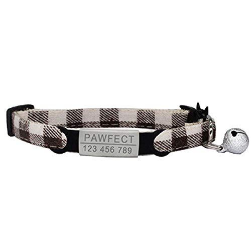 Tlwrnop Plaid Cat Collar Personalisierte ID Gravur Safety Breakaway Small Dog Cute Einstellbar für Welpen Kätzchen Halskette-Z-Brown_Sliver_19-32cm von Tlwrnop