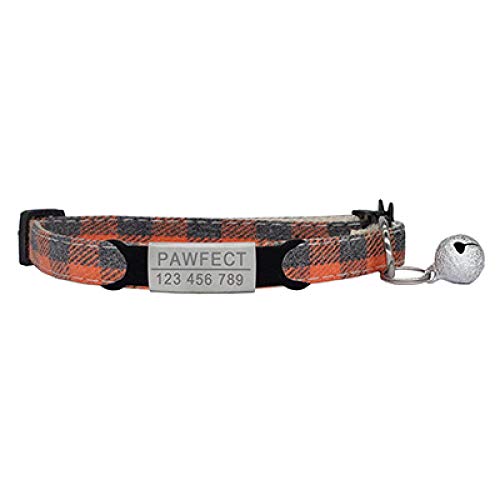 Tlwrnop Plaid Cat Collar Personalisierte ID Gravur Safety Breakaway Small Dog Cute Einstellbar für Welpen Kätzchen Halskette-Z-Orange_Sliver_19-32cm von Tlwrnop