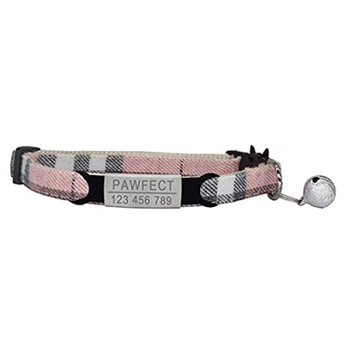 Tlwrnop Plaid Cat Collar Personalisierte ID Gravur Safety Breakaway Small Dog Cute Einstellbar für Welpen Kätzchen Halskette-Z-Pink_Sliver_19-32cm von Tlwrnop