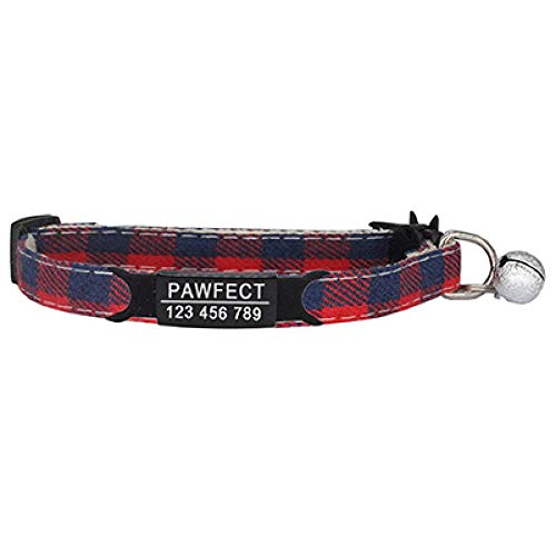 Tlwrnop Plaid Cat Collar Personalisierte ID Gravur Safety Breakaway Small Dog Cute Einstellbar für Welpen Kätzchen Halskette-Z-Red_Black_19-32cm von Tlwrnop