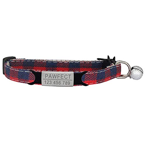 Tlwrnop Plaid Cat Collar Personalisierte ID Gravur Safety Breakaway Small Dog Cute Einstellbar für Welpen Kätzchen Halskette-Z-Red_Sliver_19-32cm von Tlwrnop