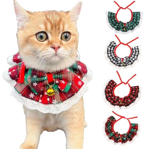 Tmianya 4er-Pack Weihnachts-Katzenhalsband, Bandana, Karierte Spitzenfliege, Weihnachtsschal, Lätzchen für Katzen und Hunde (4er-Pack) 525ydfr (A, 18.00) von Tmianya