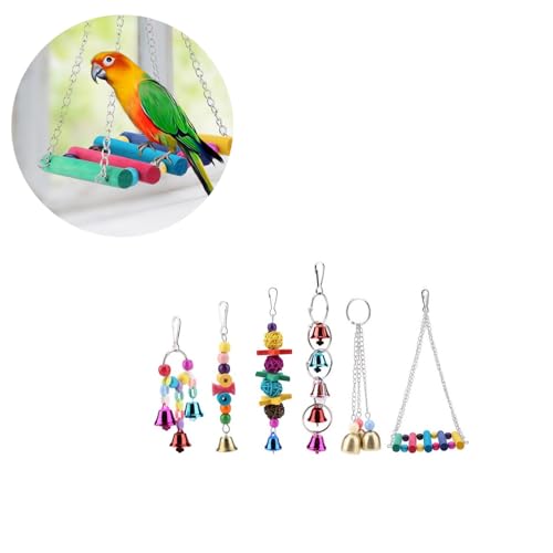 Pet Bird Kauspielzeug, 6PCS Holz Metall Papagei Käfig Schaukel Spielzeug Bunte Hängepapagei Spielzeug mit Glocken für mittlere und kleine Papageien Vögel von Tnfeeon