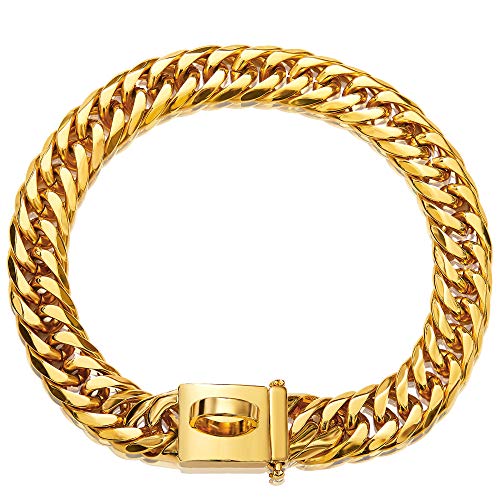 Tobetrendy Miami Cuban Link Hundehalsband, 18 Karat Goldkette, doppelte Panzerkette für kleine, mittelgroße und große Hunde (45.2 cm (passend für Halsumfang 40.6 cm bis 44.5 cm)) von ToBeTrendy