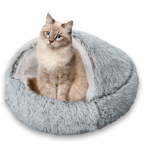 ToKinCen 50cm Cat Calming Bed,Covered Dog Bed,Plush Faux Fur Nest,Washable, Soft Plush for Cats and Small Dogs (Grau) von ToKinCen