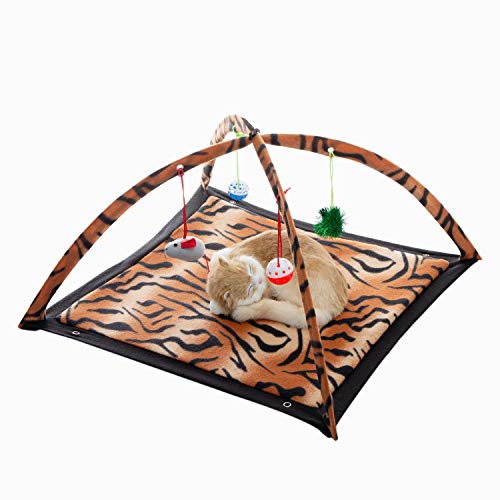 Tofern Katzenspielmatte mit Katzenspielzeug Katzen Spielmatte Interaktives Spielzeug für Katzen Faltbar Katzen Hängematte Katzenbett Waschbar Bett Sofa für Kleine Tiere, Braun(61x61x34cm) von Tofern