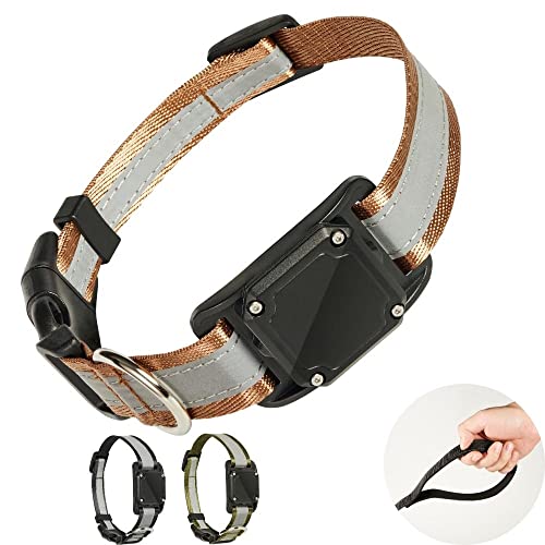 Tolopu Ultimate Reflektierendes, verstellbares Hunde-Tracker-Halsband mit AirTag-Halterung, wasserdicht, Größe M, Braun von Tolopu