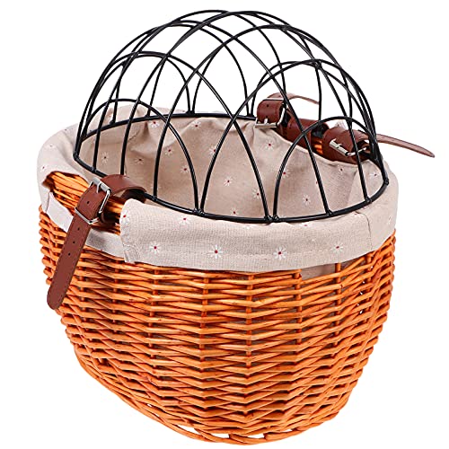 Tomaibaby Weiden Fahrradkorb mit Eisen Rahmen Deckel und Linier Tuch Rattan Farradtasche Weidenkorb Lenkerkorb Radkorb Vorne Korb Vorderradkörbe Aufbewahrungskorb für Hunde Katzen Kleine Haustiere von Tomaibaby