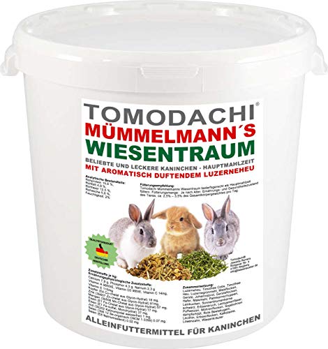 Tomodachi Mümmelmanns Wiesentraum Kaninchenfutter, Komplettnahrung, Raufutter, Kaninchen Hauptfutter, aromatisches Luzerneheu, Kräuter, Löwenzahn, leckeres Gemüse, Körner, Kerne, Saaten, 1kg Eimer von Tomodachi Mümmelmanns Wiesentraum