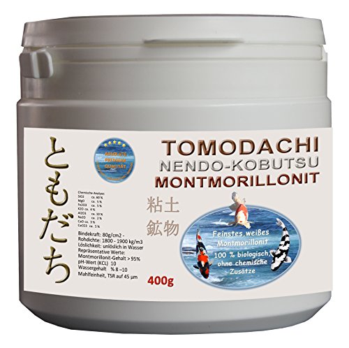 Teichmineral, Montmorillonit, weißes Tonmineral, sorgt für kristallklares Teichwasser durch die Bindung von Schwebstoffen auf kolloidaler Ebene, bringt Koi, Teichfischen und Aquarienfischen wertvolle Mineralien und Spurenelemente, pflegt die Schleimhaut der Fische, schafft brilliant leuchtende Farben und vitale, schöne Koi, 400g Dose feinstes weißes Montmorillonit von Tomodachi Teichmineral Nendo Kobutsu