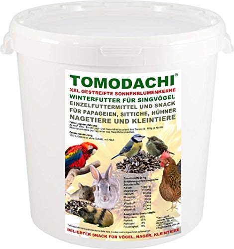 Sonnenblumenkerne Vogelfutter, Papageienfutter, Sittichfutter, Nymphensittich, Wellensittich, Vogeldelikatesse, Vogelfutter, Vogelsnack, extragroße Sonnenblumenkerne mit Schale gestreift 1kg Eimer von Tomodachi