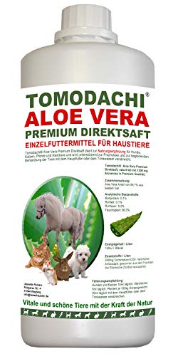 Tomodachi Aloe Vera für Katzen, Futterzusatz, Nahrungsergänzung Katze, reines Naturprodukt ohne Chemie, Aloe Vera Premium Direktsaft aus dem Innengel frischer Aloe-Vera Pflanzen 1 Liter Flasche von Tomodachi