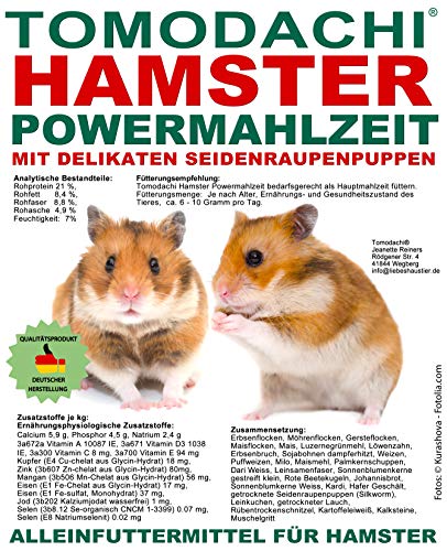 Tomodachi Hamsterfutter, Komplettfutter für Hamster mit tierischen Eiweißen, Seidenraupen, viel Gemüse, wenig Pellets, Erbsenflocken, Möhrenflocken, Kräuter, Nüsse, Hamster Powermahlzeit 10kg Sack von Tomodachi