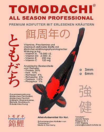 Tomodachi Koifutter, Energiefutter, Aufzuchtfutter Koi, Wachstumsfutter Koi, Premium Ganzjahres Koifutter, Profi Schwimmfutter für Koi, deutsches Qualitäts Koifutter, All Season Professional 3kg 6mm von Tomodachi