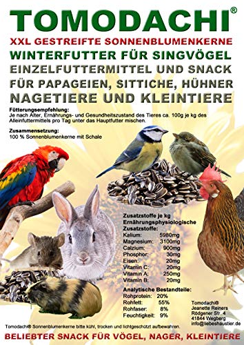 Tomodachi Papageiensnack, Sonnenblumenkerne extragroß, Sittichfutter, Wellensittich, Papageienfutter, Vogeldelikatesse, Vogelfutter, Vogelsnack, Sonnenblumenkerne mit Schale gestreift XXL, 5kg Sack von Tomodachi