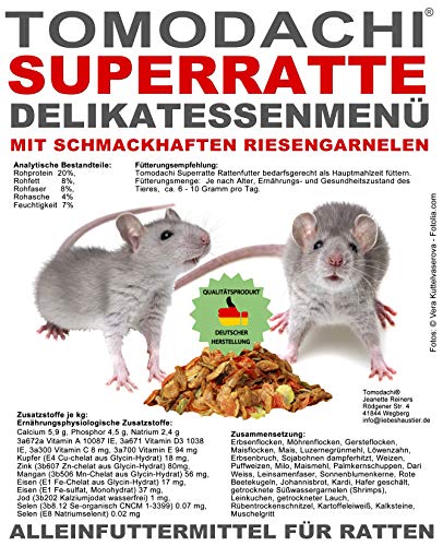 Tomodachi Rattenfutter mit tierischen Proteinen, Süßwassergarnelen, Alleinfutter für die Ratte, Hauptmahlzeit - wenig Pellets, viel Gemüse, Möhrenflocken, Erbsenflocken, Superratte 10kg Sack von Tomodachi