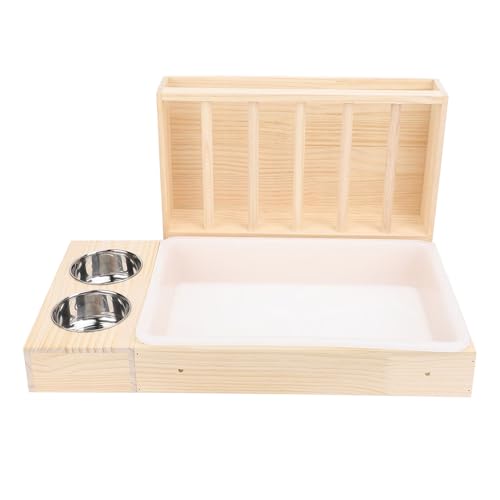 Tomotato 3 in 1 Kaninchen Heu Futterstation mit Katzentoilette und 2 Edelstahlschalen, Hasen Heu Futterstation aus Holz für Meerschweinchen, Chinchilla, Hasen und Andere Kleintiere von Tomotato