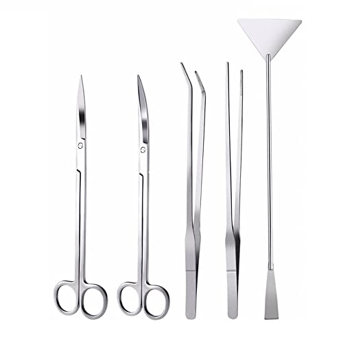 5 Stück Aquarium Werkzeugset Aquascaping Tool Set mit lang Pinzette Schere Kiesspatel Spatel Edelstahl für Anfänger Aquarist Maintenance Pflanzenpflege - Silber von TopHomer