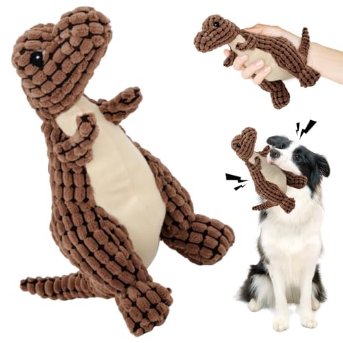 Topbashgo Bissfester Robuster Dino, Hundespielzeug Unzerstörbar, quietschendes Hundespielzeug, Kauspielzeug für mittlere und große Hunde zum Spielen (braun, 30cm) von Topbashgo