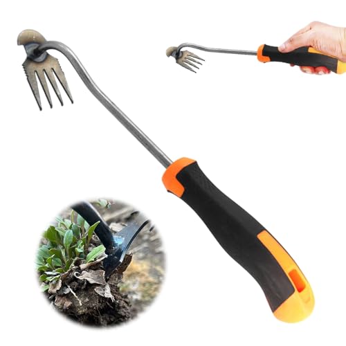 Topbashgo Gartenarbeit Hand Unkrautstecher, Unkraut Entferner Gerät, Fugenreiniger Unkraut, Gartenwerkzeug, Unkraut Entferner Gerät, Fugenkratzer Mit Stiel (Gummigriff 4 Zähne) von Topbashgo