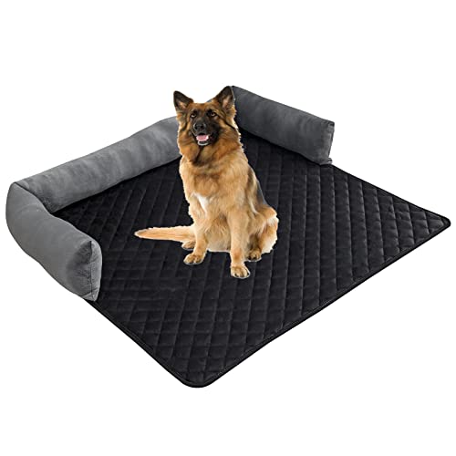 Hundebett Sofa Matte - weicher Samt rutschfest waschbar Haustier Katze Hundebett Sofa-Kissen-Pad mit Kissen für Möbel Protrctor, perfekt für große mittlere kleine Hunde Katzen (90x90cm, Grey Black) von TOPCHANCES