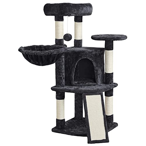 Topeakmart 106.7 cm Katzenbaum Turm für Indoor-Katzen, Katzenhaus mit Sitzstange & Hängematte, Aktivitätszentrum, mehrstufige Katzenmöbel mit Kratzstämmen, Katzenhaus, Schwarz von Topeakmart