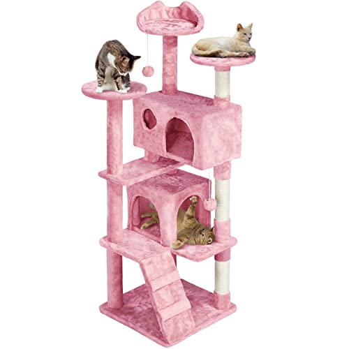 Topeakmart 154,9 cm Katzenbaum für Indoor-Katzen, Katzenturm mit Kratzstämmen, geräumige Sitzstange & Plattform für Kätzchen, Rosa von Topeakmart