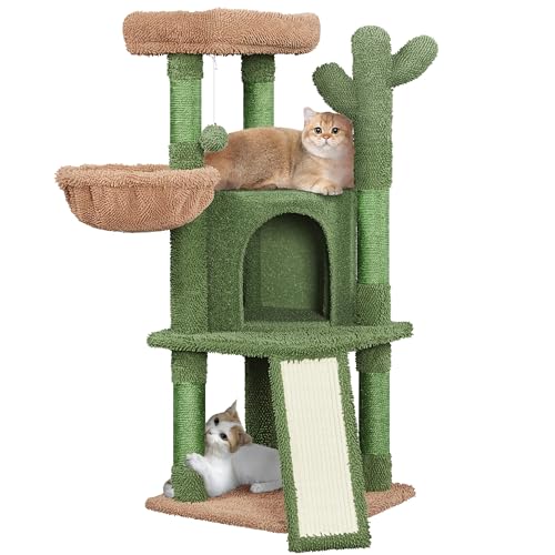 Topeakmart Kaktus-Katzenbaum mit natürlichem Sisal, 106 cm, niedlicher Katzenturm mit Kratzstämmen, Plattform, Wohnung, Korb und Ball zum Aufhängen von Topeakmart