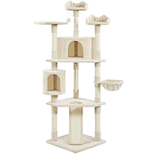 Topeakmart Kratzbaum Katzenturm 200,7 cm für Indoor-Katzen Mehrstöckiger Katzenbaum mit Kratzbäumen & Korb & Kratzbäumen als Aktivitätszentrum, Spielhaus, Beige von Topeakmart