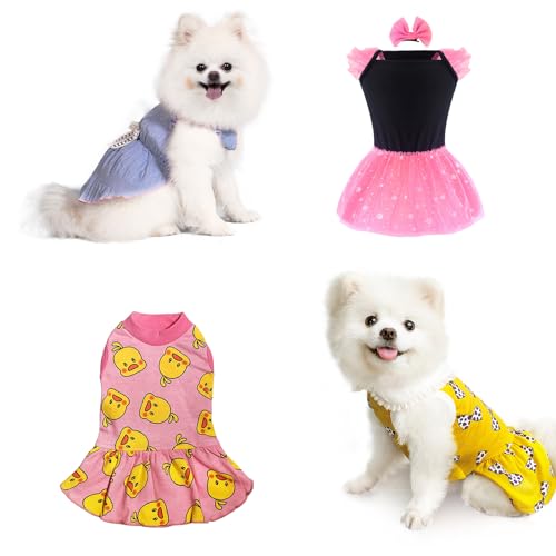 TOPKINS Hundekleider, Party-Hundekleid, Geburtstagskleid, Prinzessinnenkleider, Katzen-Outfit, Hundekleid mit Schleifenknoten, M, Gelb, Rosa, Blau, 4 Stück von Topkins