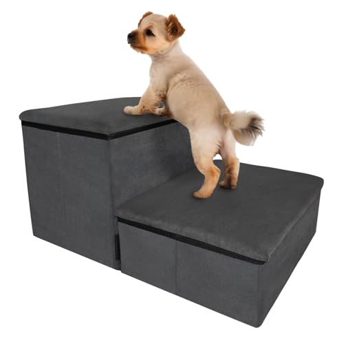 TOPKINS Hundetreppe, Hundetreppe mit Stauraum, faltbare Hundetreppe für kleine Hunde und Katzen, rutschfeste Haustiertreppe für Bett und Couch (Grau, 2 Stufen) von Topkins