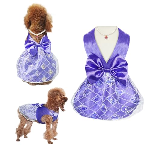 Topkins Hundekleid, Hunde-Outfits für kleine Hunde und Mädchen, niedlicher Hunderock mit violetter Herz-Perlenkette, atmungsaktives Haustierkleid mit Fliege, Party-Kostüm, Lila, Größe S von Topkins