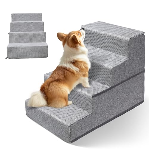 Topmart Hundetreppe für kleine Hunde, 4-stufig, 46 cm hoch, Haustiertreppe für hohe Betten und Couch, zusammenklappbare Hunderampen, Stufen für kleine Hunde und Katzen, mit abnehmbarem, waschbarem von Topmart