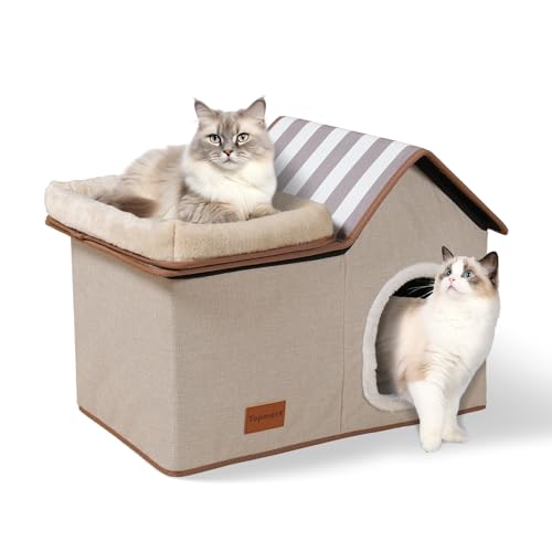 Topmart Katzenhaus mit Katzenbett, große Katzenhäuser für den Innenbereich, 2-in-1-Katzenhütte, Haustierbett für Kätzchen und kleine Katzen, Beige von Topmart