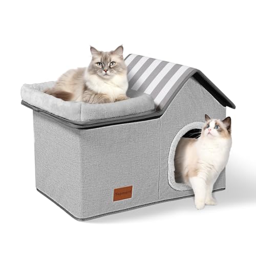 Topmart Katzenhaus mit Katzenbett, große Katzenhäuser für den Innenbereich, 2-in-1-Katzenhütte, Haustierbett für Kätzchen und kleine Katzen, Grau von Topmart