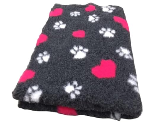 Veterinary Bed - Anthrazit - White Paws & Fuchsia Hearts - 150 x 100 cm Hundedecke Tierteppich Puppyteppich Hundezüchter UK Made waschbar von Topmast