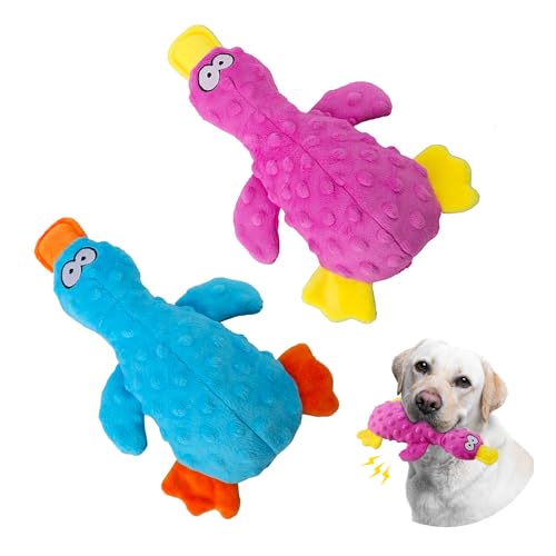 Topnique Quietschspielzeug Ente für Hunde, 2 Packungen, langlebiges Plüschspielzeug für große Hunde, interaktives Spielen, robust, weich und knisternd, ideal für kleine bis große Hunde (Blau & Lila) von Topnique