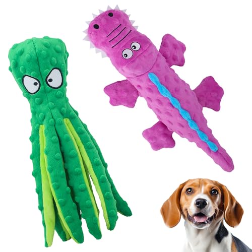 Topnique Quietschspielzeug-Set für Hunde, Oktopus- und Krokodil-Design, 2 Stück, langlebige Plüschtiere für große Hunde, interaktives Spielen, robust, weich und knisternd, ideal für kleine bis große von Topnique