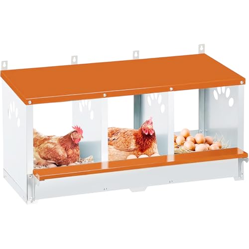 Toriexon Hühner-Nistkasten 3 Fächer, Metall Nistkästen für Hühner, Wandmontierbare Verlegeboxen für Innen & Außen, 81,3 cm L x 35,1 cm B x 33 cm H, Orange und Grau von Toriexon