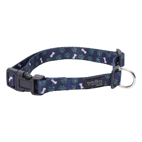 TOTTO - Halsband für kleine Hunde, Modell Mylu, Größe S, verstellbares Hundehalsband, robuste Beschläge, Sicherheitsschild, D-Ring für Leine, Knochenmuster, Blau und Grün von Totto