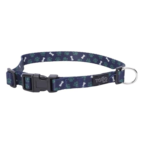 TOTTO - Halsband für kleine Hunde, Modell Mylu, Größe XS, verstellbares Hundehalsband, robuste Beschläge, Sicherheitsschild, D-Ring für Leine, Knochenmuster, Blau und Grün von Totto