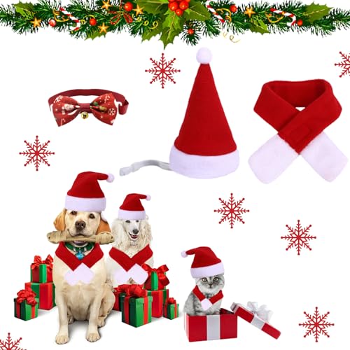 Toulifly Weihnachten Katzenkostüm Hundekostüm, Set mit Haustier Hut, Schal, Fliege und Glöckchen, Haustierkleidung, Katze & Hund, Rot, Baumwollmischung, Unisex, Winter, Puppy, 4 Stück von Toulifly