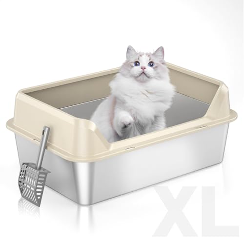 TownTime Katzenklo Edelstahl, Katzenklo XXL Offen, Geruchsfrei Katzenklo Groß, Katzentoilette Edelstahl, Katzenklo Mit Hohem Rand, Ohne Deckel(Beige) von TownTime