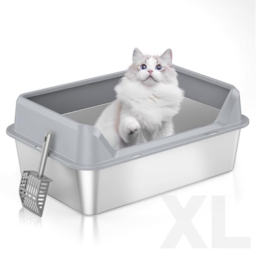 TownTime Katzentoilette aus Edelstahl mit Deckel, Metall-Katzentoilette für große Katzen, extra große Katzentoilette mit hohem Rand, XL-Katzentoilette, nicht klebrig, auslaufsicher, leicht zu reinigen von TownTime