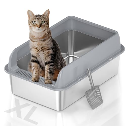 TownTime Katzentoilette aus Edelstahl mit Deckel, Metall-Katzentoilette für große Katzen, extra große Katzentoilette mit hohem Rand, XL-Katzentoilette, nicht klebrig, auslaufsicher, leicht zu reinigen von TownTime