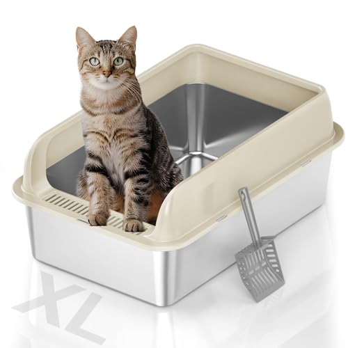 TownTime Katzentoilette aus Edelstahl mit Deckel, Metall-Katzentoilette für große Katzen, extra große Katzentoilette mit hohem Rand, XL-Katzentoilette, nicht klebrig, auslaufsicher, leicht zu reinigen von TownTime