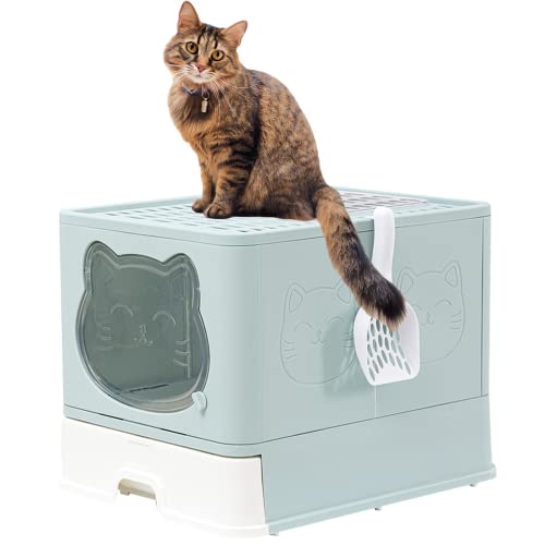 Katzenklo mit Deckel und Aktivkohlefilter, Hop in Katzenklo XXL mit, Katzentoilette geschlossen, geruchsfrei, Katzen Klo, Katzenklo mit Schublade, hohem Rand,inklusive Schaufel(Grün) von TownTime